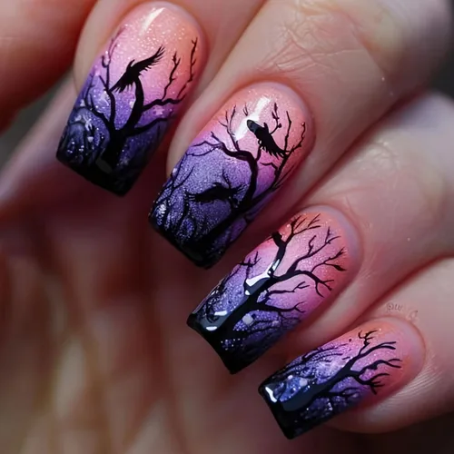 Miniatura 10 de Uñas postizas a presión de Halloween, uñas postizas cuadradas cortas con diseños de gato negro, acabado degradado brillante, cobertura completa