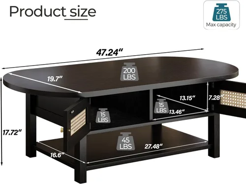 Miniatura 2 de LVB Mesa de centro de ratán, mesa de sala de estar de madera bohemia con almacenamiento, mesa de té de cóctel ovalada moderna de 2 niveles con Roble