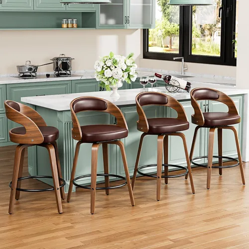 Miniatura 34 de YaFiti Taburetes de bar, taburetes de bar de 26 pulgadas de altura de mostrador con patas de madera curvada, taburetes giratorios con respaldo