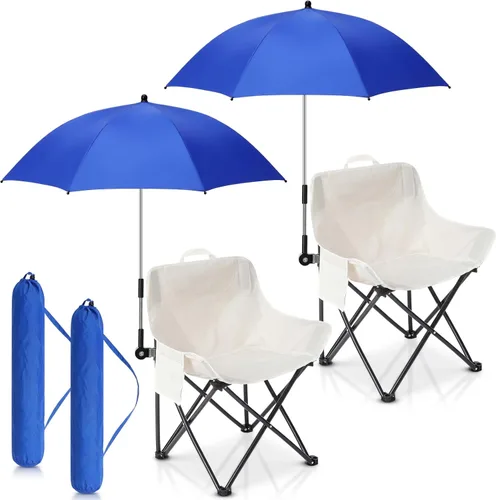 2 Set Beach Chair with Umbrella Foldable Camping Chair Adjustable and Fold up Umbrella with Storage Bag for Outdoors Fishing Camping Hiking Travel
