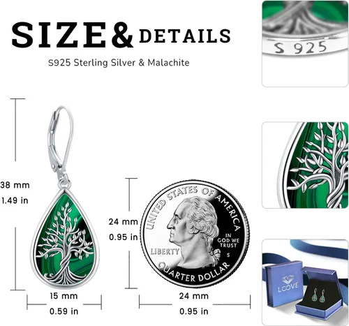 Miniatura 150 de Aretes colgantes de plata de ley con diseño de árbol de la vida, flor, abeja, animales, gato, colibrí, piedra lunar, turquesa, aretes con cierre