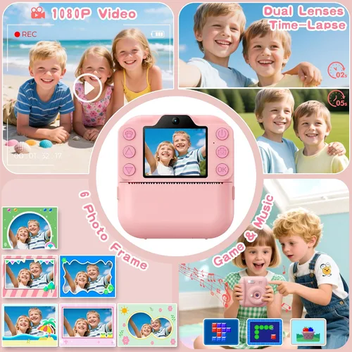 Miniatura 3 de Cámara para niños de impresión instantánea, juguetes para niños pequeños, regalos de Navidad y cumpleaños para niñas y niños, cámara digital Rosa