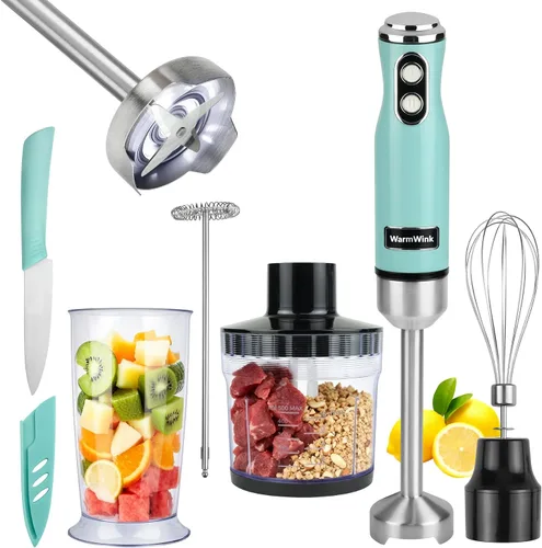 Batidora de mano, potente 4 en 1 600 W con cable de inmersión de mano con accesorio de acero inoxidable, procesador de alimentos pequeño y palo para