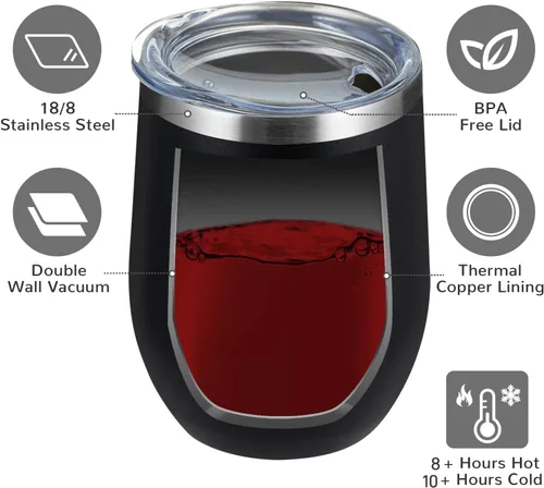 Miniatura 5 de MEWAY Vasos Tumbler de Vino de 12oz/Paquete de 12 con Tapa - Taza Tumbler de Viaje de Acero Inoxidable al Vacío de Doble Pared, Copa de Vino Aislada