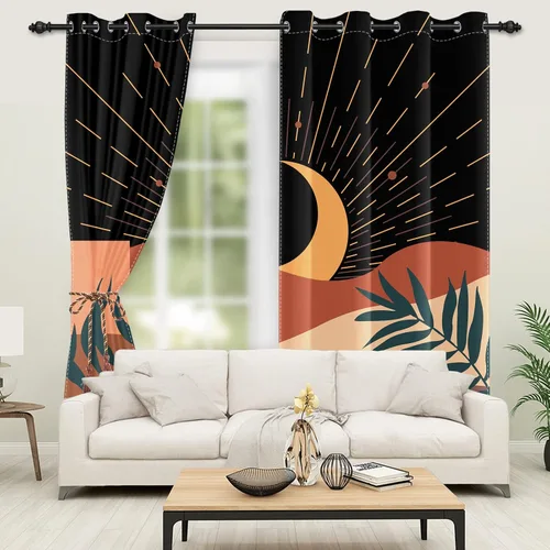 Miniatura 2 de Cortinas abstractas bohemias para ventana, estética de mediados de siglo, hojas de luna de montaña, para oscurecer la habitación, cortina con ojales