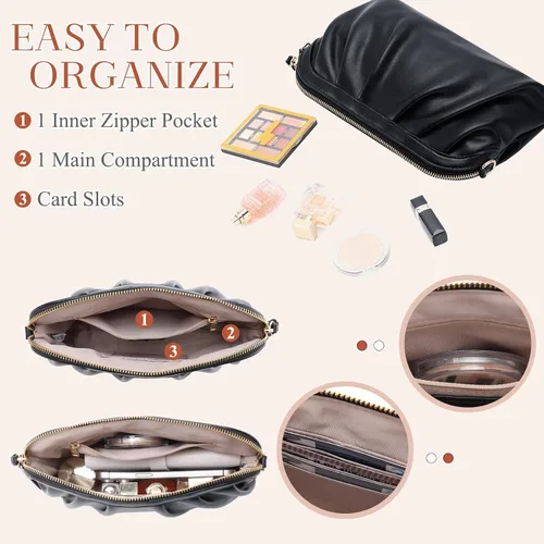 Miniatura 4 de VASCHY Bolso de mano para mujer, de cuero vegano fruncido, pequeño, formal, de noche, bolso cruzado al hombro, boda, fiesta