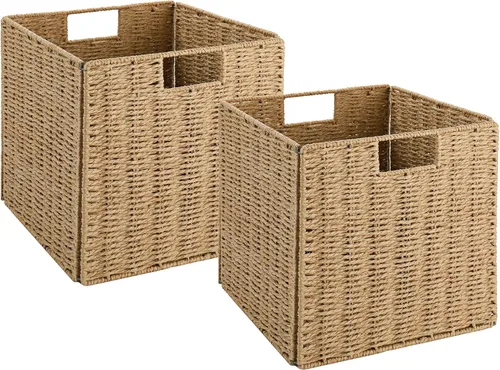 Miniatura 25 de VAGUSICC - Canastas de almacenamiento tejidas a mano, juego de 2, con asas, plegables, tipo cubo, de 13 pulgadas, grandes, de mimbre, para estantes