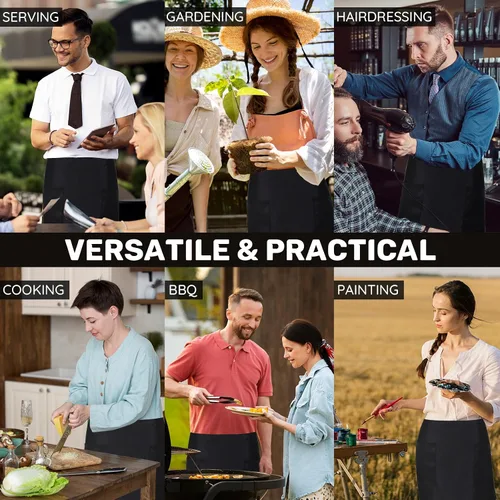 Miniatura 7 de Paquete de 3 delantales de cintura con 3 bolsillos, delantales de camarero unisex negros, delantales resistentes al agua para restaurante, chef y bar