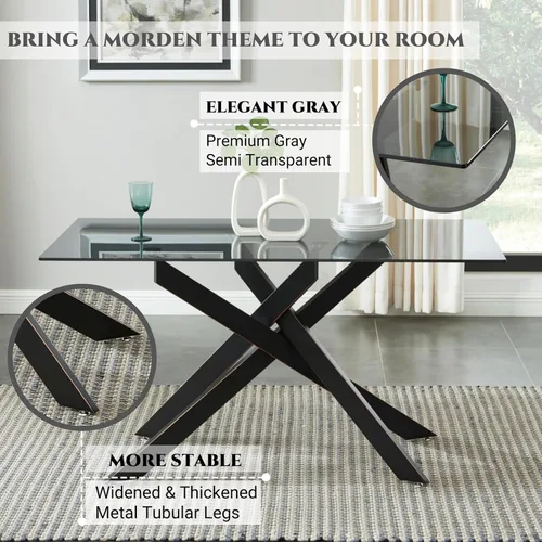 Miniatura 3 de Mesa de comedor de estilo moderno con parte superior de vidrio templado gris y patas tubulares de metal negro, 58.5 pulgadas de largo x 29 pulgadas