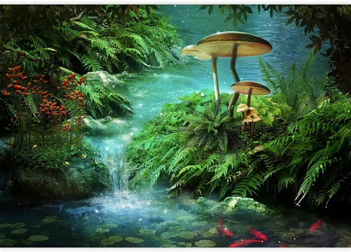Miniatura 2 de IDEA4WALL Adhesivo mural removible para pared, diseño de hongos místicos, cascada, bosque, fantasía y ciencia ficción, arte digital, arte moderno