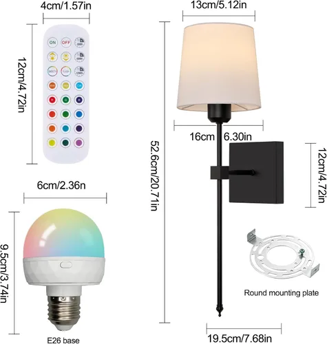 Miniatura 7 de Juego de 2 apliques de pared a pilas, luces de pared recargables inalámbricas negras con bombillas RGB recargables regulables, lámpara de pared