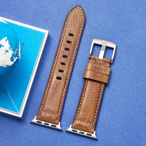 Miniatura 2 de Genuine Leather Watch Band Compatible with Apple Watch,Italian Cowhide,Retro Style,Silver Buckle,Golden Brown and Chestnut Brown,38/40/41mm and