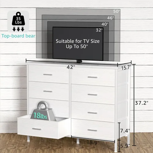 Miniatura 3 de BOLUO Cómoda Blanca para Dormitorio de 8 Cajones, Cómoda Ancha Soporte de TV para TV de 50", Cómodas y Aparadores con Cajones, Cómoda de Tela