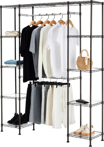 Amazon Basics Organizador de armario colgante de metal expandible y perchero de almacenamiento con estantes, 57-80''L x 14''W x 72''H, Bronce
