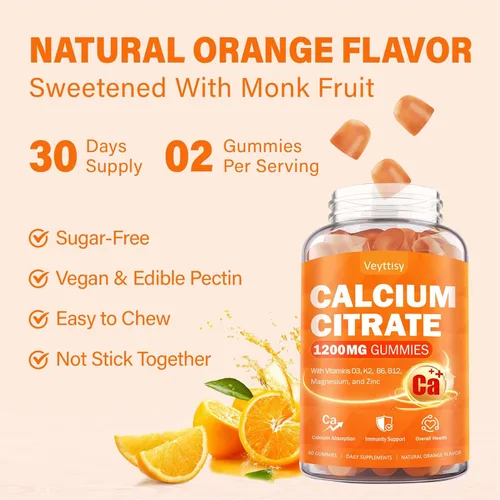 Miniatura 8 de Calcio 1200 mg con suplemento de vitamina D3 para adultos – Gomitas de calcio con 5000iu Vitamina D3, K2, B6, B12, magnesio y zinc – Suplemento