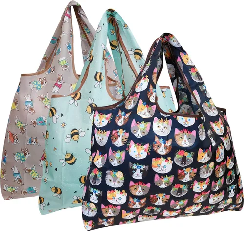 Miniatura 24 de alldyrew - Bolsa plegable para compras, reutilizable de nailon grande, 3 unidades Deliciosos alimentos