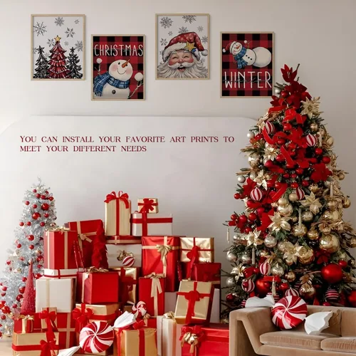 Miniatura 4 de XYDEG Conjunto de 4 Impresiones de Arte Navideño para Pared, Impresiones Navideñas, Hola Invierno Vintage Santa Navidad Muñeco de Nieve Búfalo
