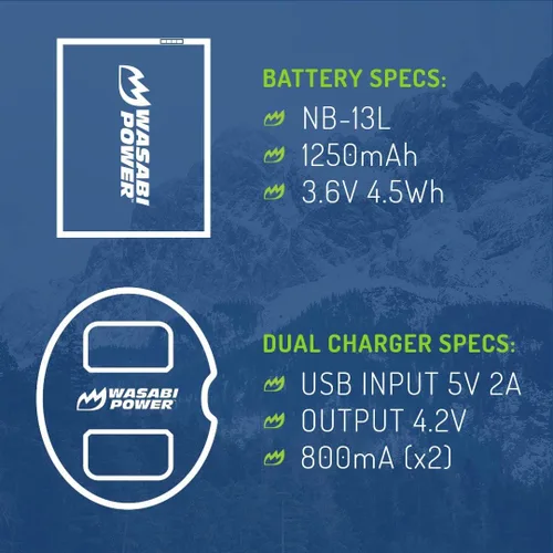Miniatura 3 de Wasabi Power Batería (paquete de 2) cargador dual para Canon NB-13L, PowerShot G1 X Mark III, G5 X, G5 X Mark II, G7 X, G7 X Mark II, G7 X Mark III