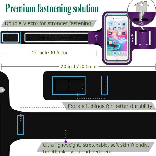 Miniatura 7 de Soporte para teléfono con brazo para correr, brazalete celular para iPhone 15 14 13 12 11 Pro Max/XR/8 7 6s Plus, Galaxy A/S/Note hasta 6.9 Púrpura