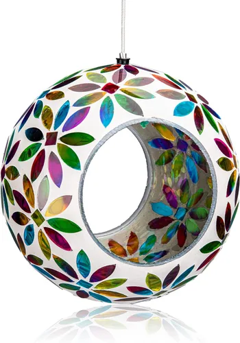 Miniatura 11 de VCUTEKA Comedero para Pájaros de Mosaico Fly Through para Exterior Colgante con Recipiente de Vidrio de Forma Redonda para Atraer Más Aves Rojo
