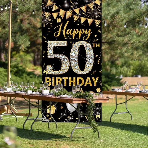 Miniatura 5 de Decoración de cumpleaños número 50 para puerta, decoración de feliz cumpleaños 50 negro y dorado para mujeres y hombres, decoración de póster