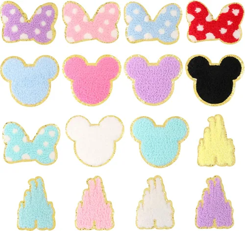 16 parches de felpilla para planchar, coloridos parches bordados de oso de castillo de chenilla, lazo, para coser, apliques bordados, accesorios de