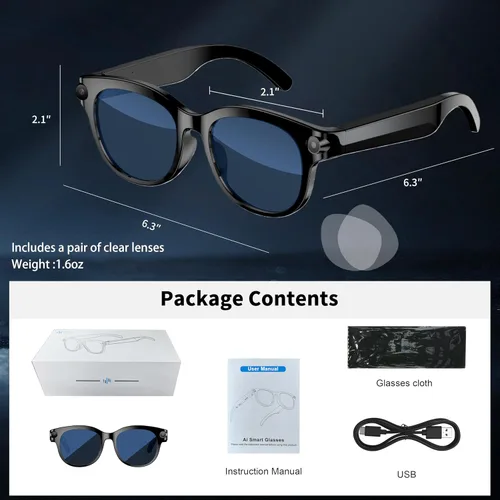 Miniatura 7 de Gafas inteligentes con cámara, gafas de sol Bluetooth AI, traducción/control de voz/reproducción de música para viajes, conferencias y vlogging