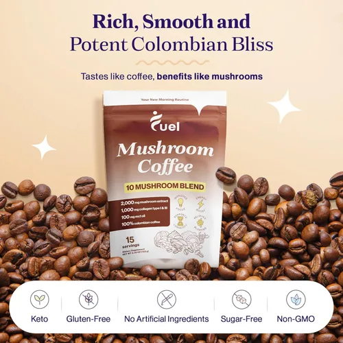 Miniatura 7 de Fuel Nutrition Café instantáneo orgánico con colágeno y hongos, café instantáneo orgánico bajo en cafeína, 15 porciones