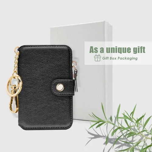 Miniatura 69 de Cartera con llavero, tarjetero con bloqueo RFID de piel, funda para tarjetas de crédito con cremallera para mujer