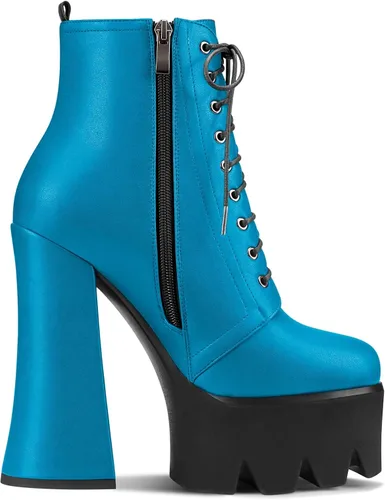 Miniatura 3 de HDEUOLM Botas de tobillo con tacón alto de bloque grueso para mujer, puntera redonda, botines cortos con cordones y cremallera, zapatos clásicos