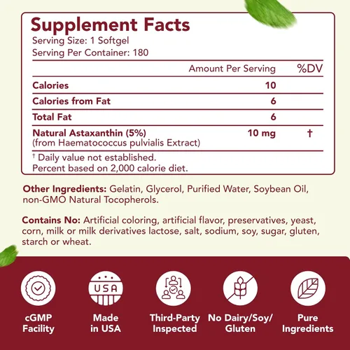 Miniatura 3 de Suplemento de astaxantina de fácil absorción, 10 mg de astaxantina de Haematococcus Pluvialis Microalgas frescas para apoyo a la salud de la piel