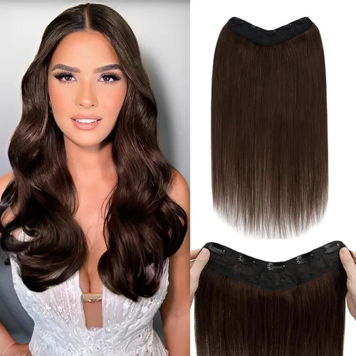 Miniatura 8 de Benehair Extensiones de cabello humano real de una pieza con clip, 3/4, cabeza completa, en forma de V, trama más gruesa, malla de encaje, Negro