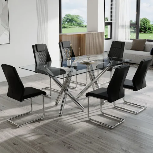 Miniatura 13 de Ebullient Moderno juego de mesa de comedor para 6, mesa de comedor de cristal de 71 pulgadas y patas de mesa de metal dorado, mesas de comedor