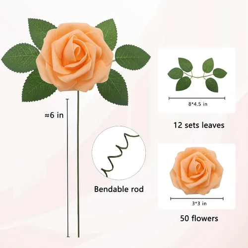 Miniatura 2 de Flores artificiales naranjas realistas, 50 rosas falsas de aspecto real con tallo para ramos de boda, centros de mesa, despedidas de soltera