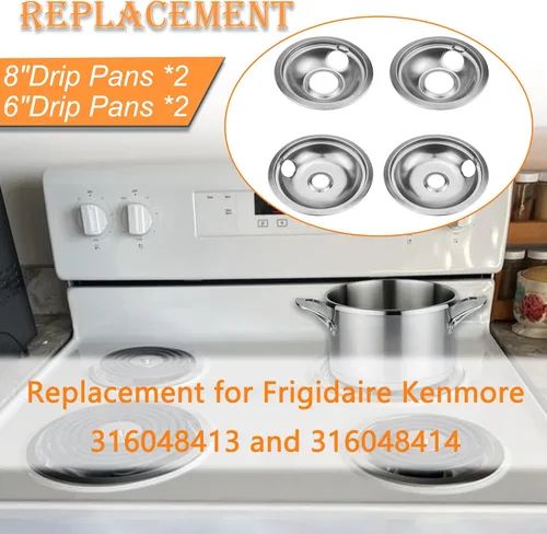 Miniatura 2 de Cubiertas para quemadores de estufa Mejiao, sartenes de goteo cromadas de repuesto para Frigidaire Kenmore 316048413 y 316048414, 4 piezas (4x6")