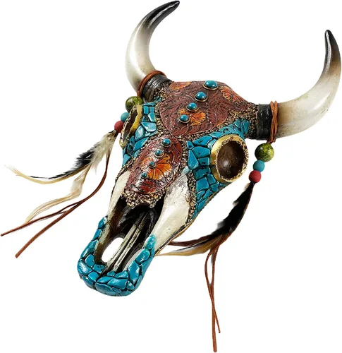 Miniatura 13 de Urbalabs - Escultura de pared de cuernos de calavera de cuerno largo de Texas, animales de taxidermia sintética, decoración de pared occidental