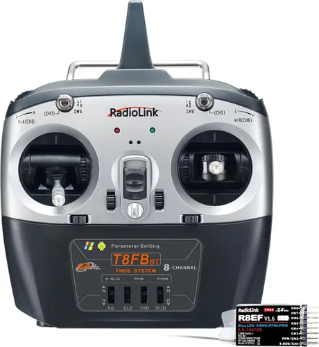 Radiolink T8FB 8 Canales 2.4GHz Transmisor Remoto RC y Receptor R8EF con Configuración de Parámetros por APP, Control Dual Stick para Avión RC,