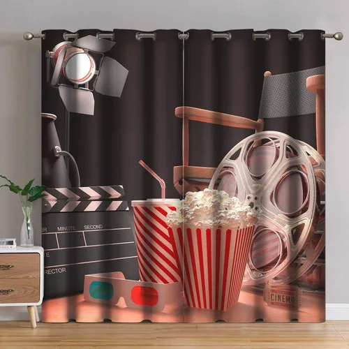 Jekeno - Cortinas opacas de cine para dormitorio, sala de estar, carrete de película con estampado rojo y negro, con ojales, juego de 2 paneles, 52