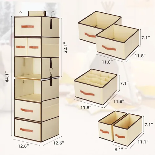 Miniatura 3 de Organizador colgante de armario con 6 estantes, organizadores de armario mejorados y almacenamiento con 5 cajones extraíbles y 4 bolsillos Beige