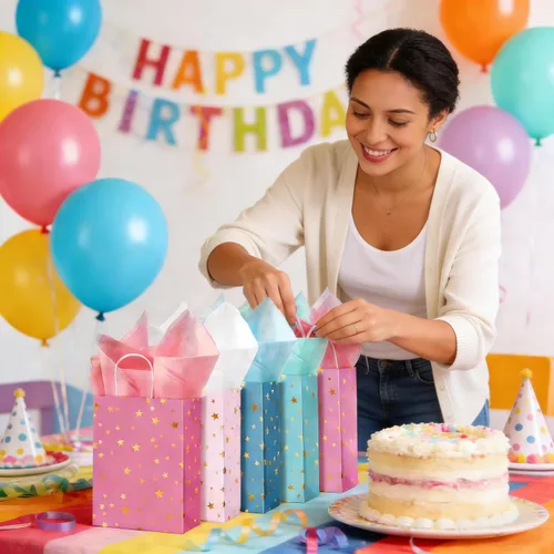 Miniatura 5 de Pajean Paquete de 32 bolsas de regalo de fiesta con temática de estrellas con asa, mini bolsas de regalo de papel kraft con pañuelos, suministros