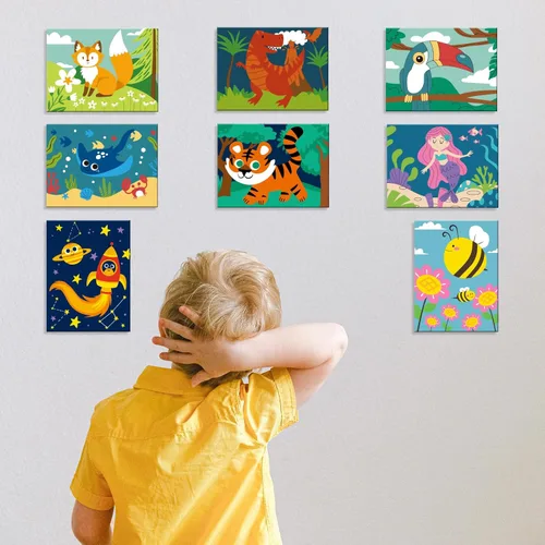Miniatura 6 de 8 paquetes de lienzo preimpreso para pintar lienzo para niños, 48 pinturas, 8 pinceles, 2 caballetes, 8 lienzos impresos de 6x8 para niñas, niños