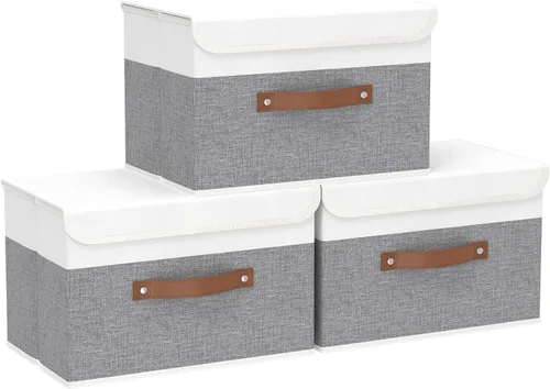 Miniatura 28 de Yawinhe SNK024BEN-1 Cajas de almacenamiento plegables, cestas apilables de tela de lino, contenedor con tapa y asa de cuero, lavable, para el hogar