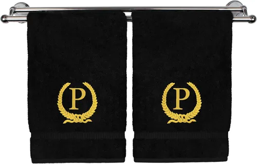 Miniatura 28 de Toalla de mano con monograma, regalo personalizado, 16 x 30 pulgadas, diseño de corona dorada bordada con letra blanca en toalla negra, extra
