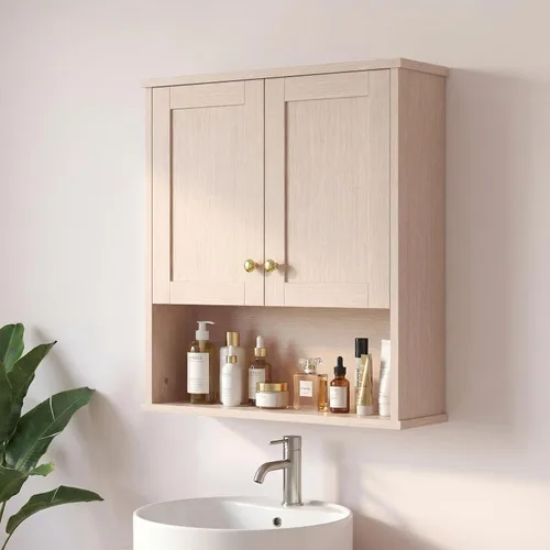 Miniatura 7 de Armario de pared de baño sobre el inodoro, armario de almacenamiento de 2 puertas montado en la pared, botiquín de madera con estantes ajustables