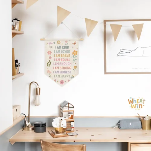 Miniatura 4 de Wheatwin Decoración de pared de afirmaciones positivas, decoración de guardería para niñas, estampado floral pastel para colgar en la pared, bandera