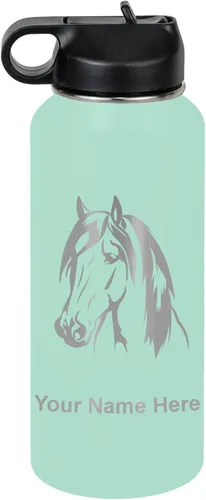 Miniatura 68 de LaserGram Botella de agua personalizada, cabeza de caballo 1, acero inoxidable de doble pared aislada al vacío con popote superior, regalo grabado
