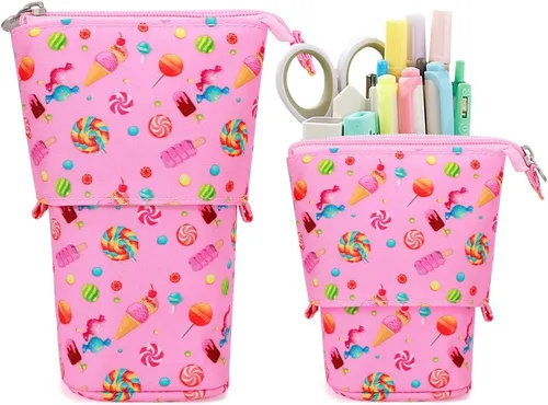 Miniatura 12 de Lindo estuche de pie de lápices para niños, estuche de lápices desplegable, bolsa de maquillaje, regalo de Navidad, estuche de lápices de lona