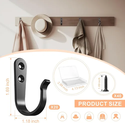 Miniatura 5 de BREYDROK 20 piezas de ganchos de pared de metal resistentes para abrigos, ganchos de un solo diente para colgar con 40 tornillos para toallas
