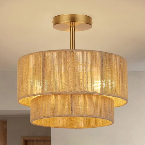 Miniatura 7 de Lámpara de techo semiempotrada de 16'', accesorios de iluminación bohemios, lámpara de techo empotrada de cuerda de cáñamo costera de 3 luces