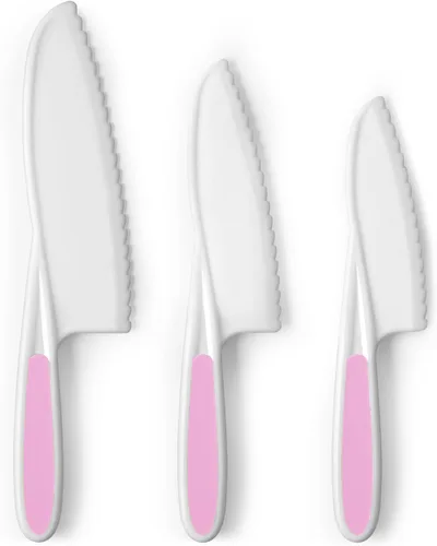 Zulay - Juego de cuchillos infantiles de 3 piezas para cocinar y hornear reales, cuchillos para niños pequeños para cortar frutas, verduras y Rosado